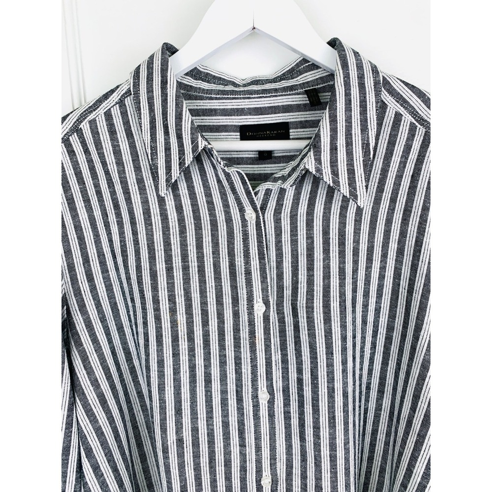 Donna Karan Weekend Striped Linen-Blend Shirt L Coastal Preppy Travel Breathable - Picture 3 of 16